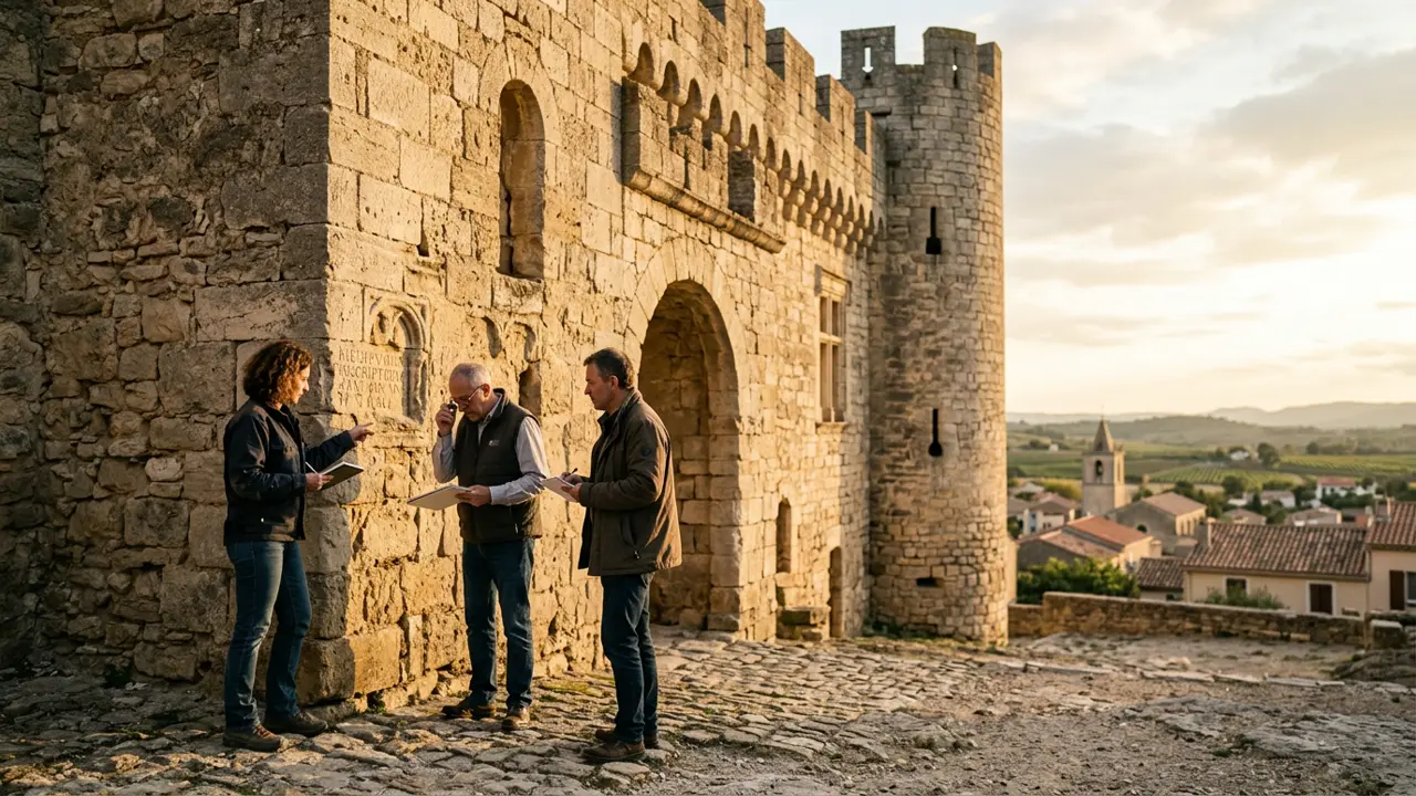 Vue architecturale de l'aile nord du Château de Poussan et études de maçonnerie médiévale